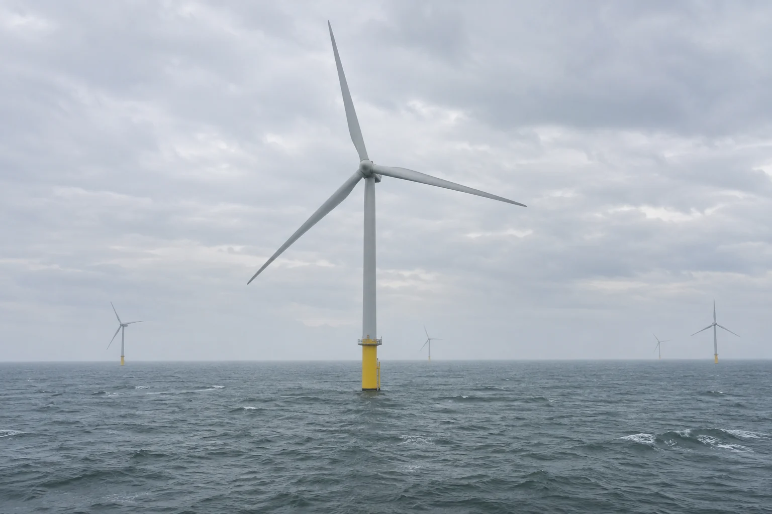 A white offshore wind turbine rises from a yellow cylindrical support above gray-green water