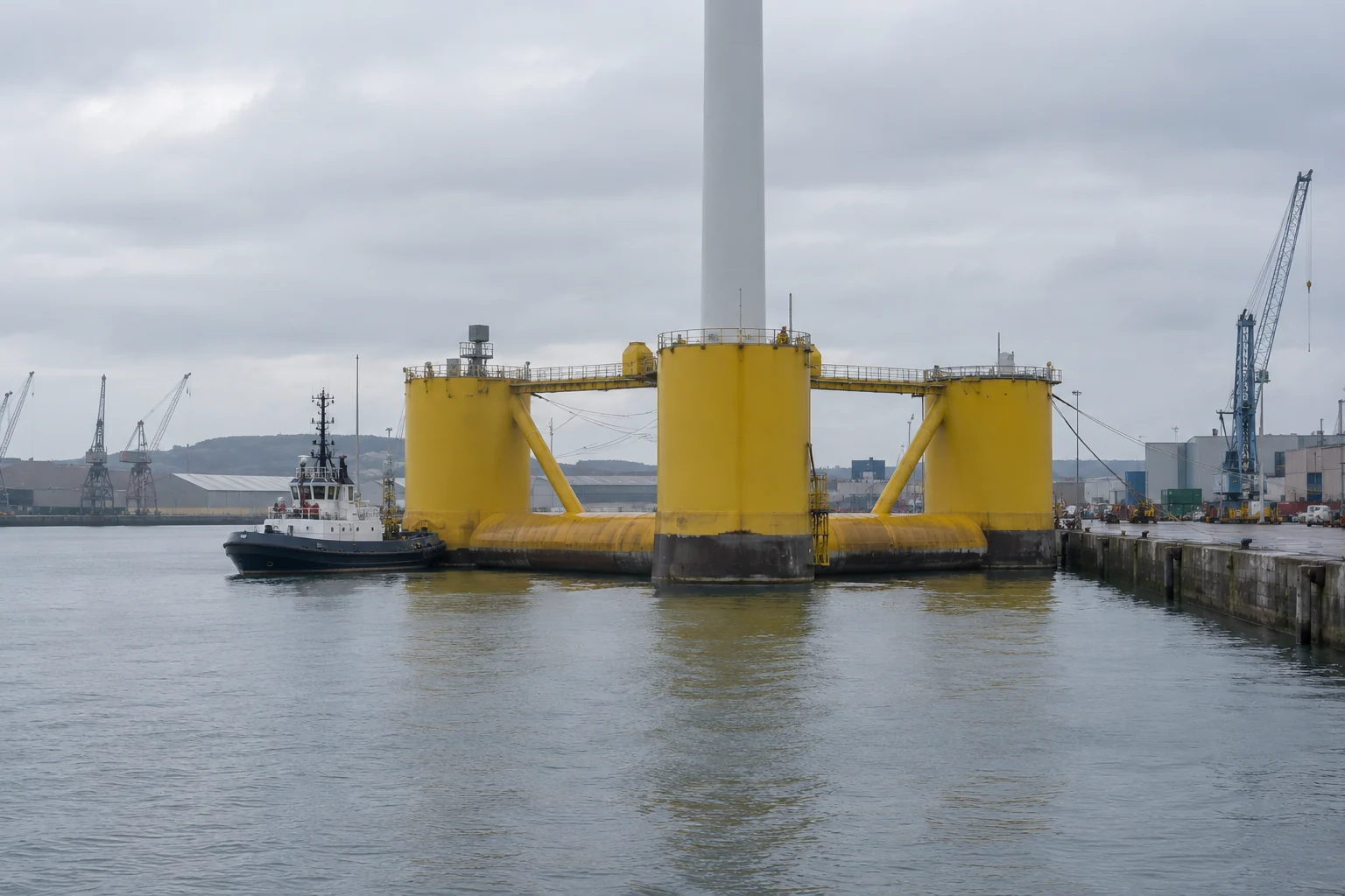 A floating steel platform with large columns lies beside a harbour quay with a small tug alongside