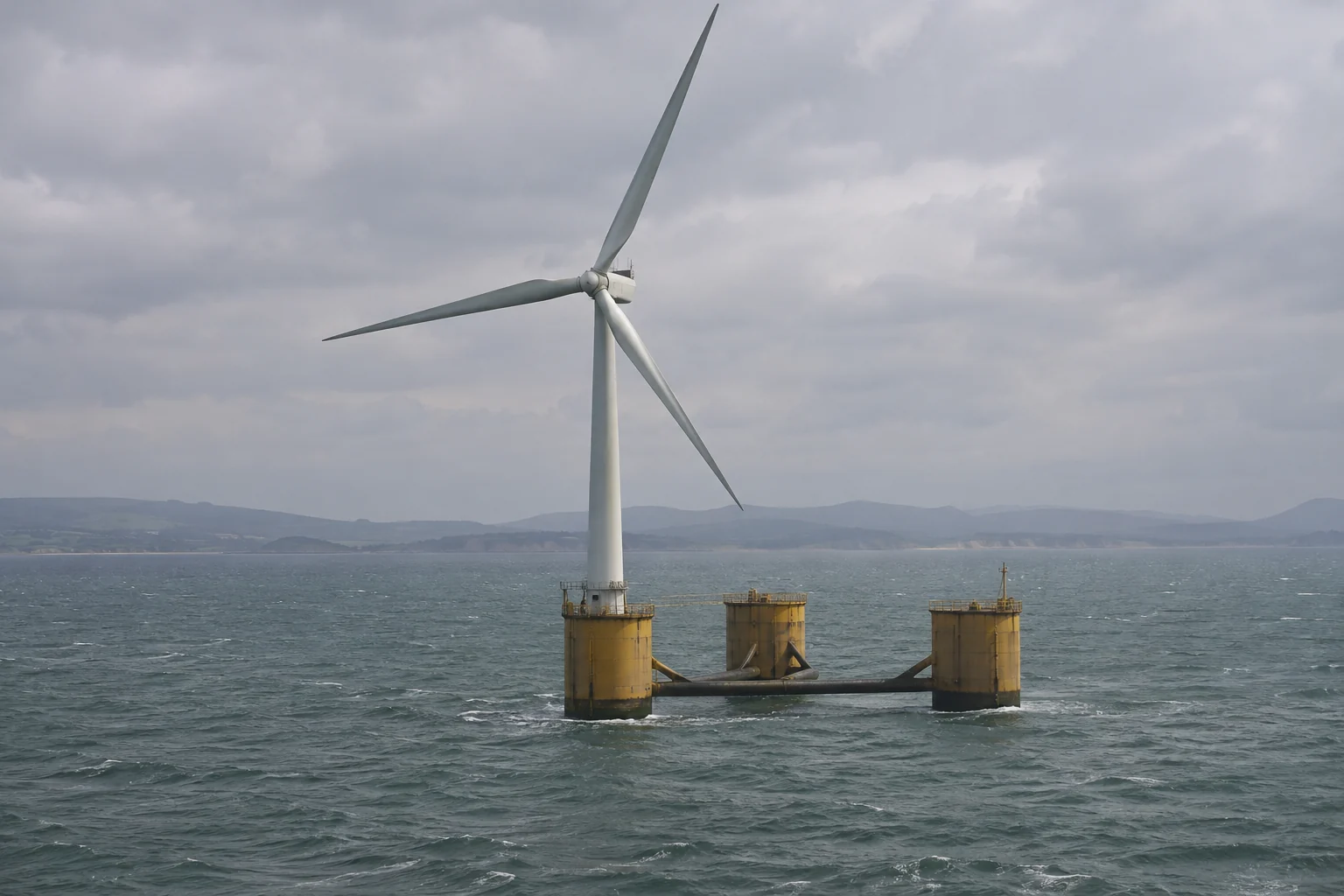 A white turbine rises above spaced yellow columns joined by low steel members on gray-green water