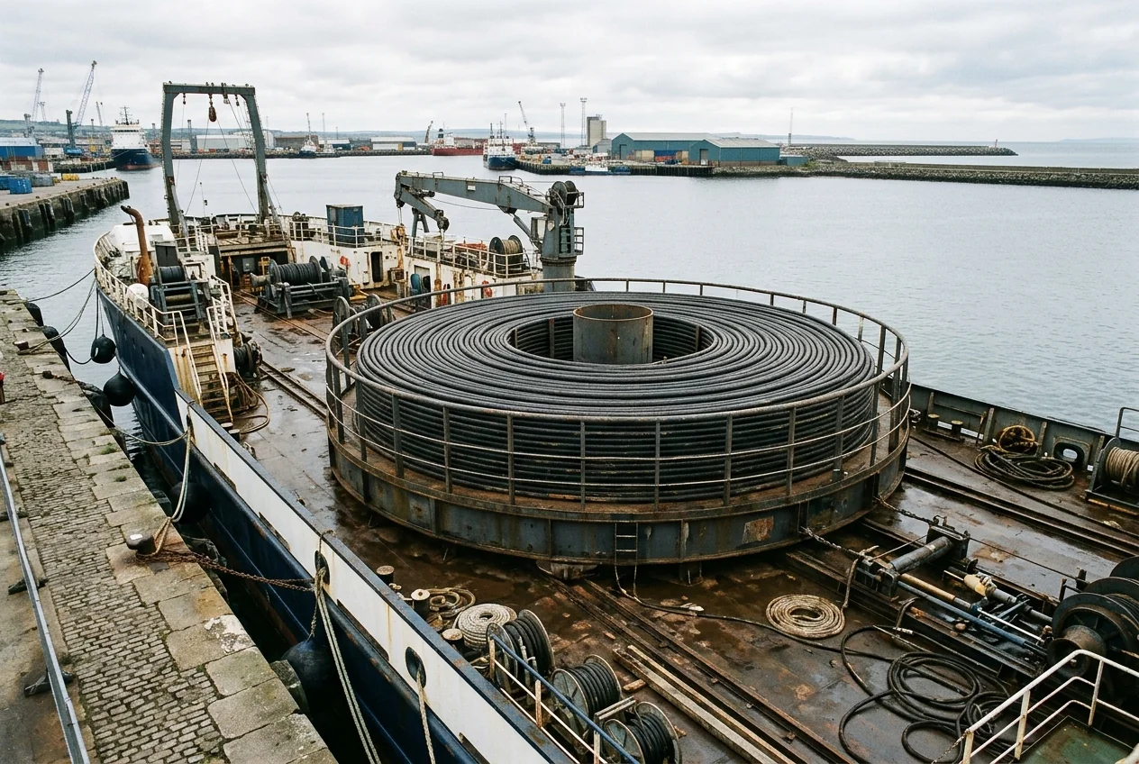 A cable vessel lies alongside a quay with dark cable wound in a large circular carousel on deck