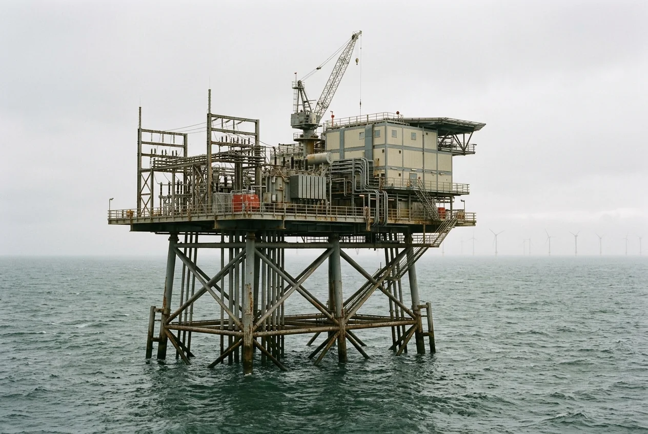 An offshore electrical platform stands on a steel jacket above the sea, with wind turbines on the horizon