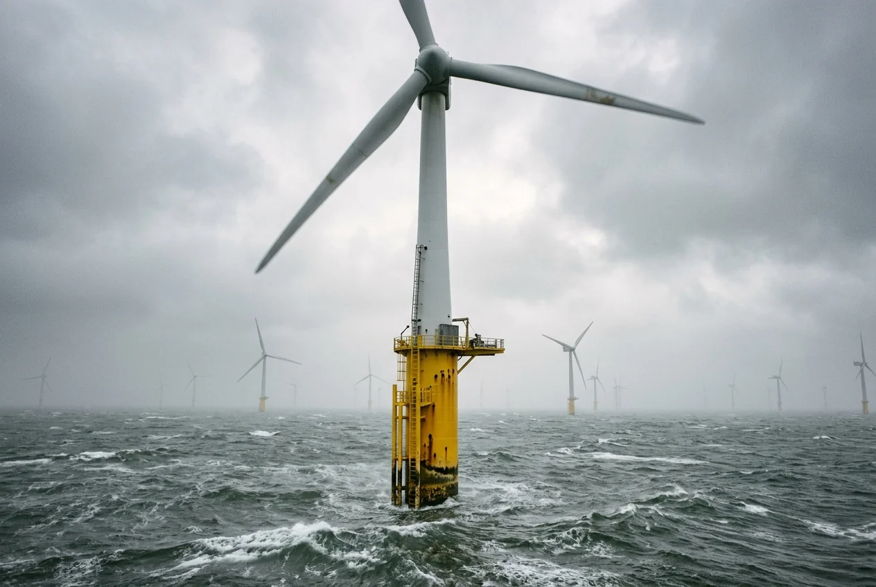 White offshore wind turbines above gray-green water, with a yellow support beneath the nearest tower