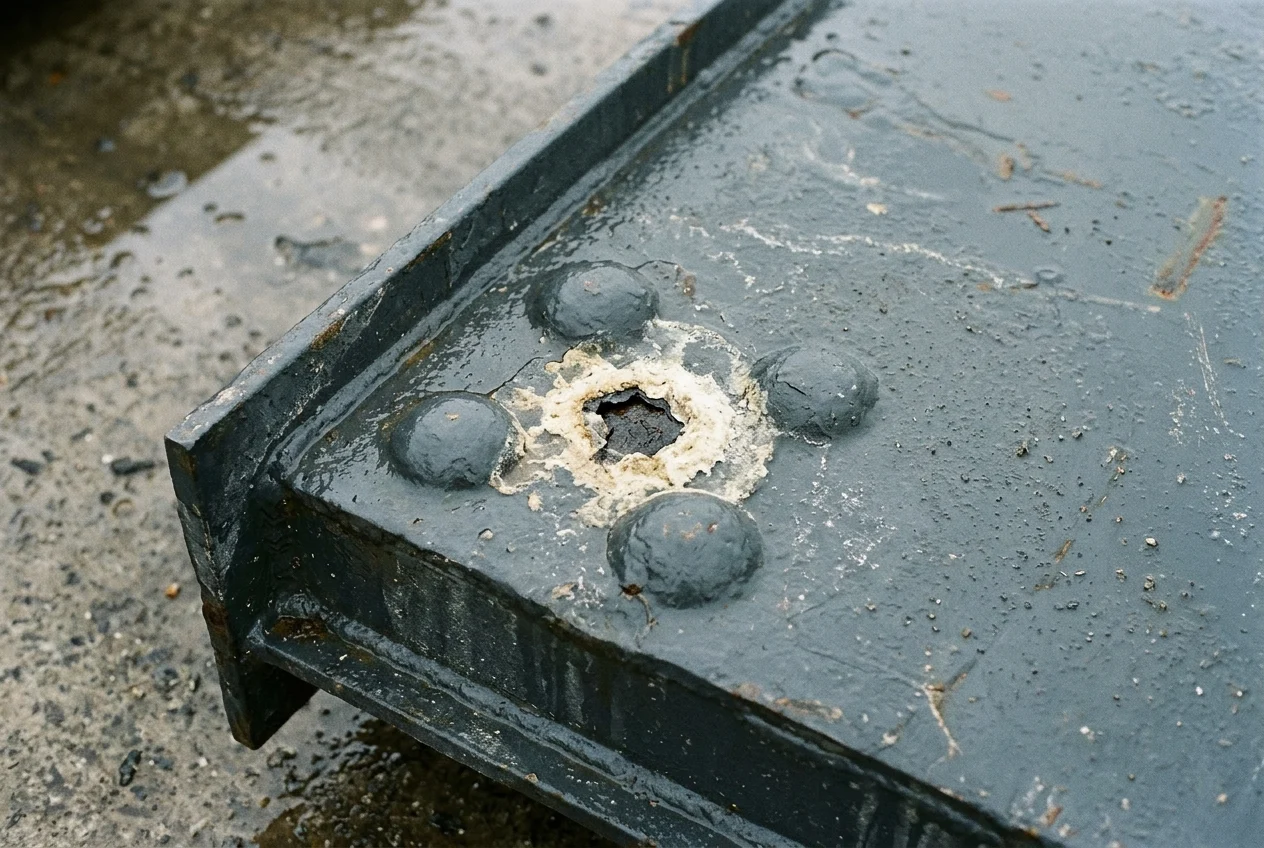 Close-up inspection photograph of a dark grey epoxy-coated marine steel gate plate showing dome-shaped paint blisters and a ruptured holiday with white calcareous mineral deposits near a welded corner.