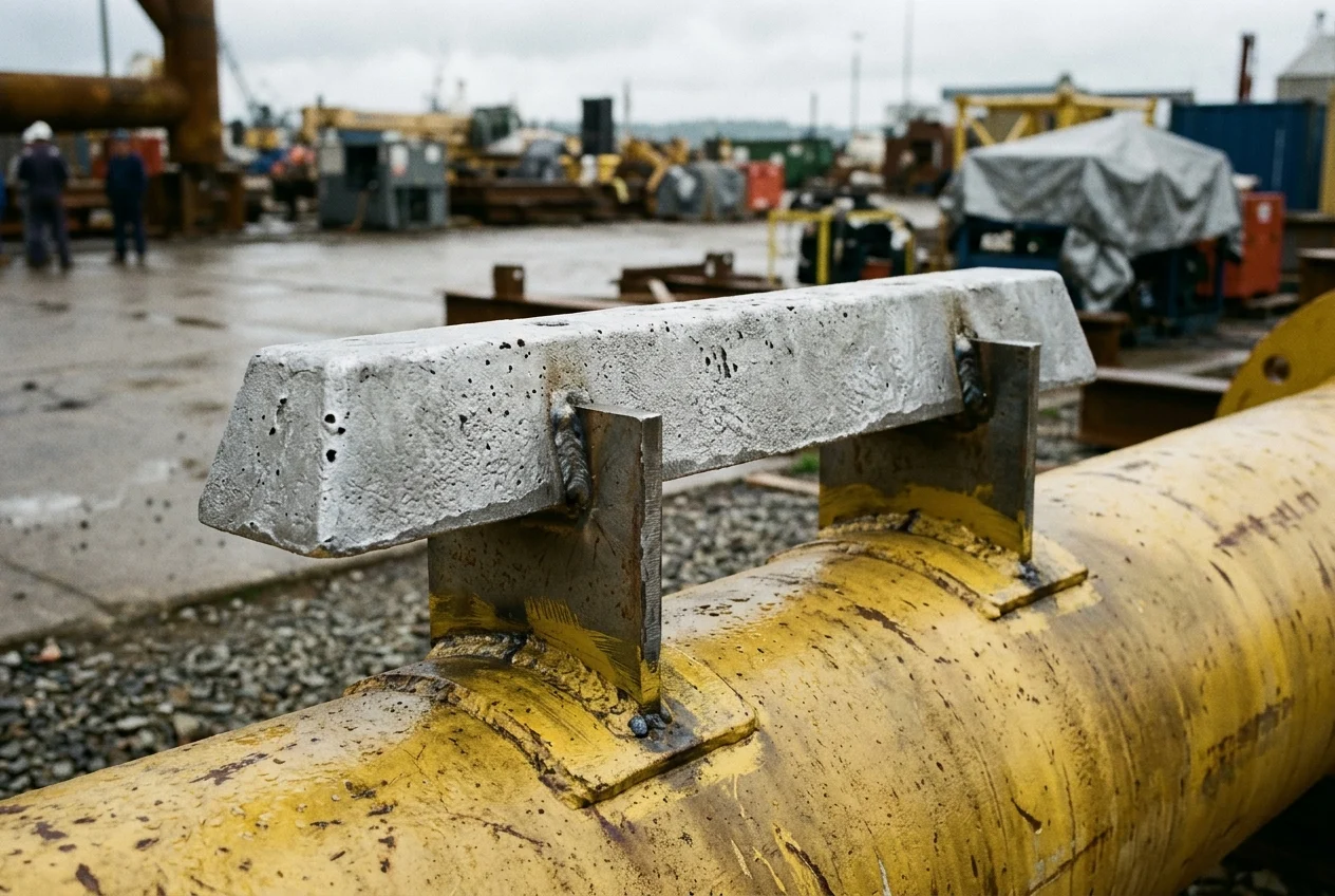 Cast aluminum-zinc sacrificial standoff anode welded onto a yellow-painted cylindrical steel offshore foundation brace in a coastal fabrication yard.