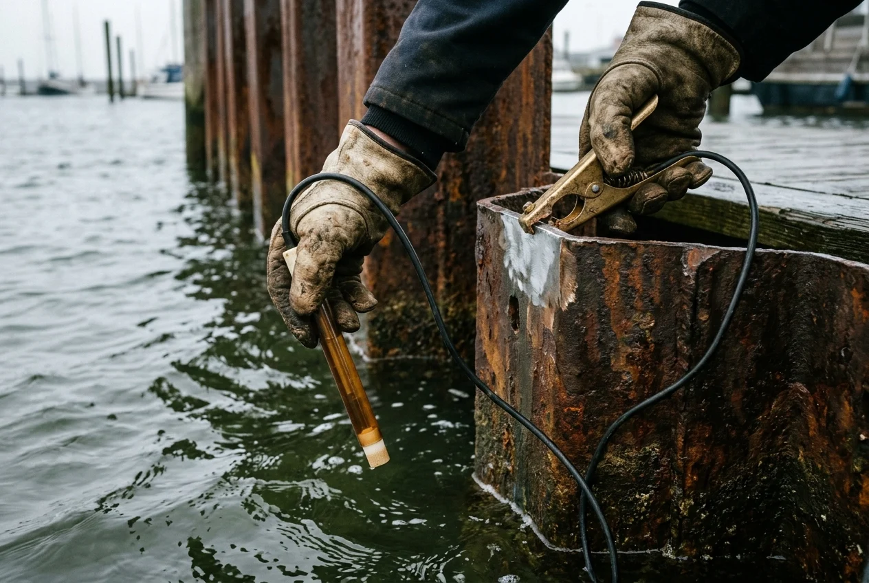 Field inspection of a steel harbor sheet-pile wall where a gloved technician clips a brass ground clamp onto a ground-clean bare steel spot and lowers an amber reference electrode probe into seawater.