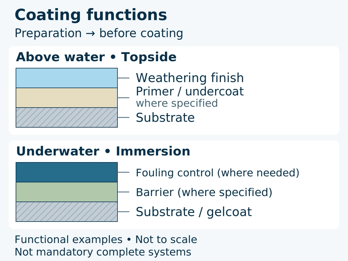Two example coating stacks separating topside finish from underwater barrier and fouling-control layers