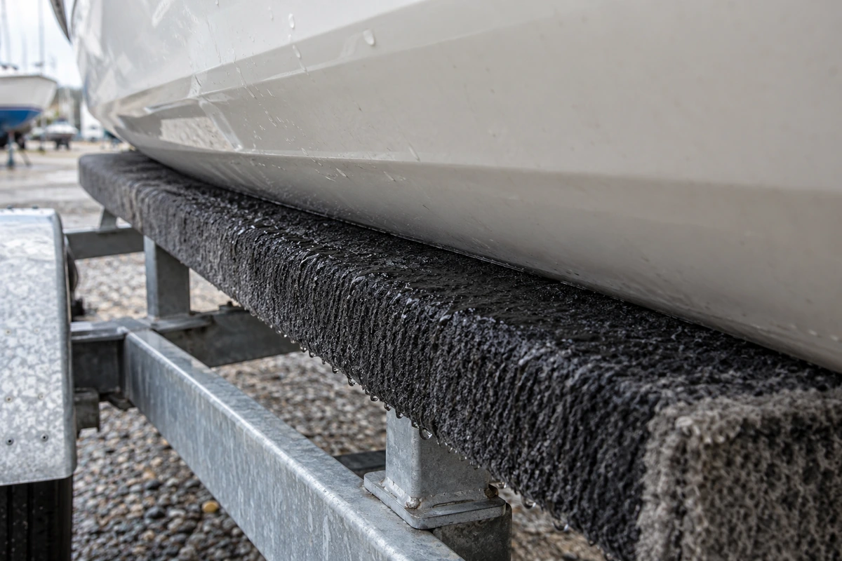 Example damp carpeted trailer bunk holding moisture against the underside of a boat hull