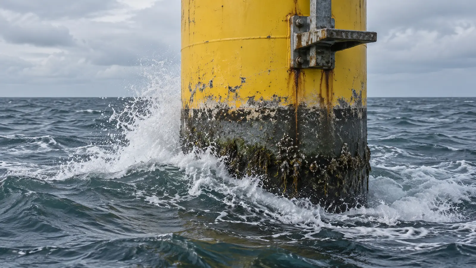 Illustration: a painted steel offshore foundation column at the waterline, with a yellow upper band, a darker lower coating and spray from passing waves