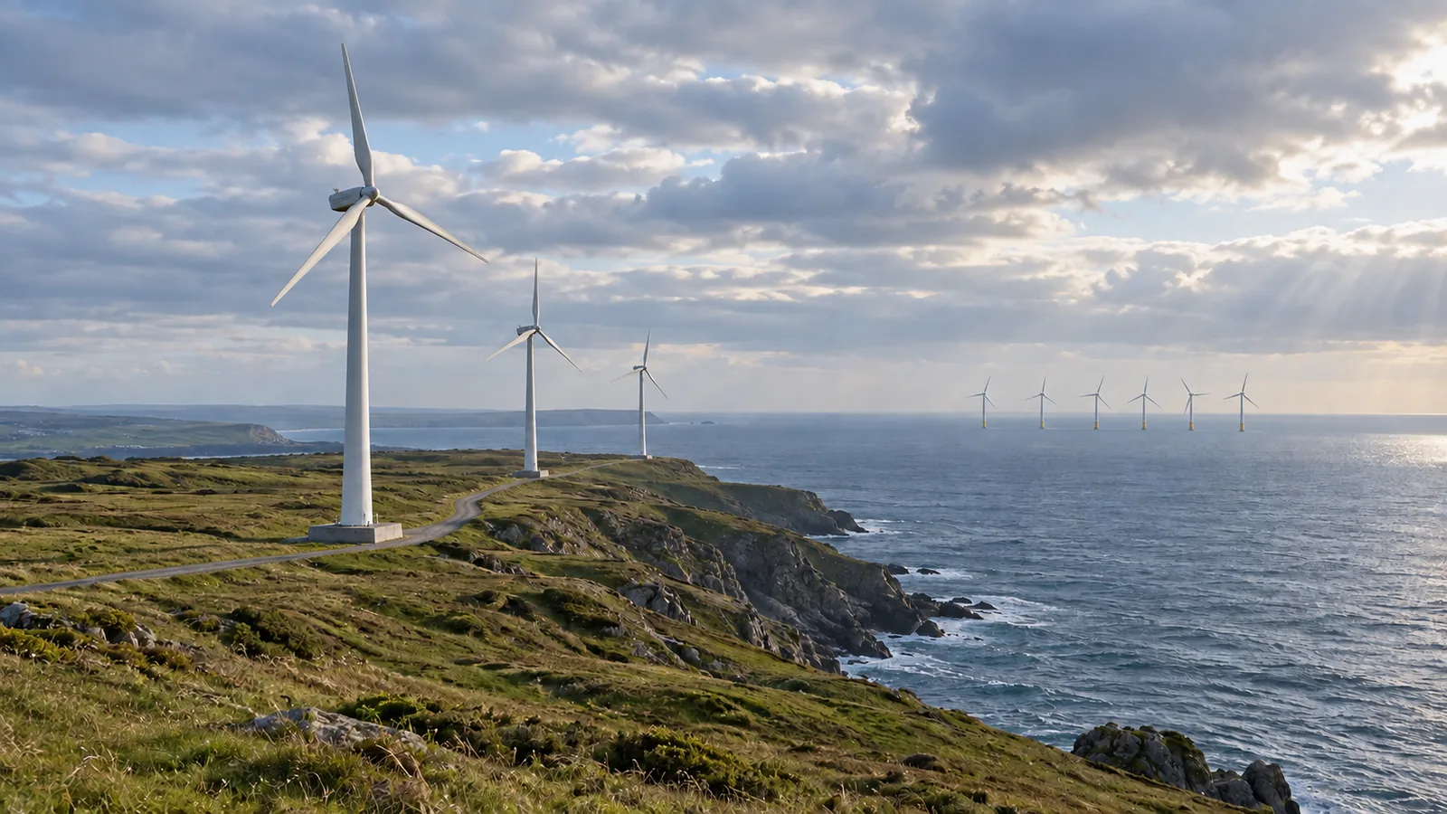 Illustration: land-based wind turbines on a grassy coastal ridge, with a row of offshore turbines standing in the sea on the horizon