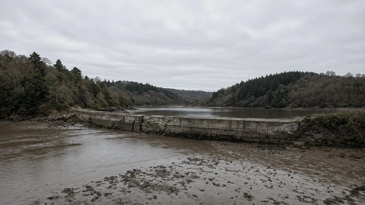 A cracked concrete wall runs between two wooded estuary banks, with brown water and mud in the foreground