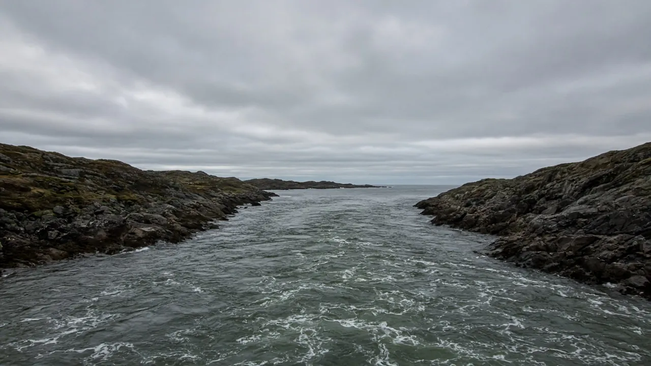 Gray-green water moving between two rocky shores under flat cloud
