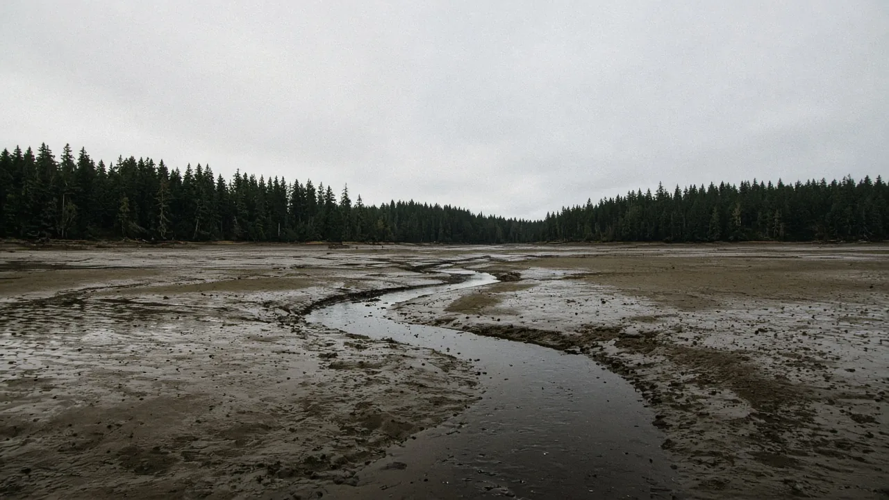 A narrow ribbon of still water across wet mud at low tide
