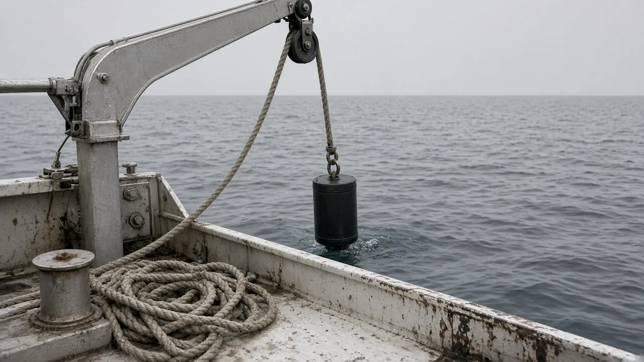 A plain cylindrical instrument hanging from a boat into gray water