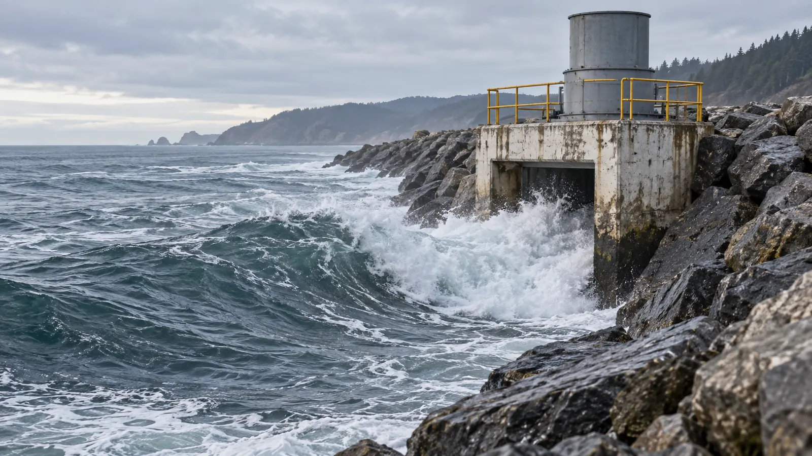 Illustration: a concrete oscillating water column chamber built into a rocky breakwater, with swell rolling in from the open sea