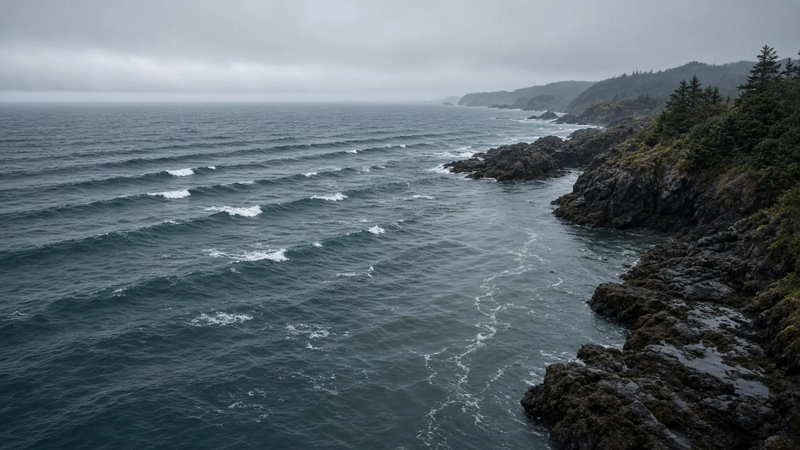 Illustration of long ocean swell along a rocky coast, showing wind-driven surface waves rather than a project site or a tidal plant