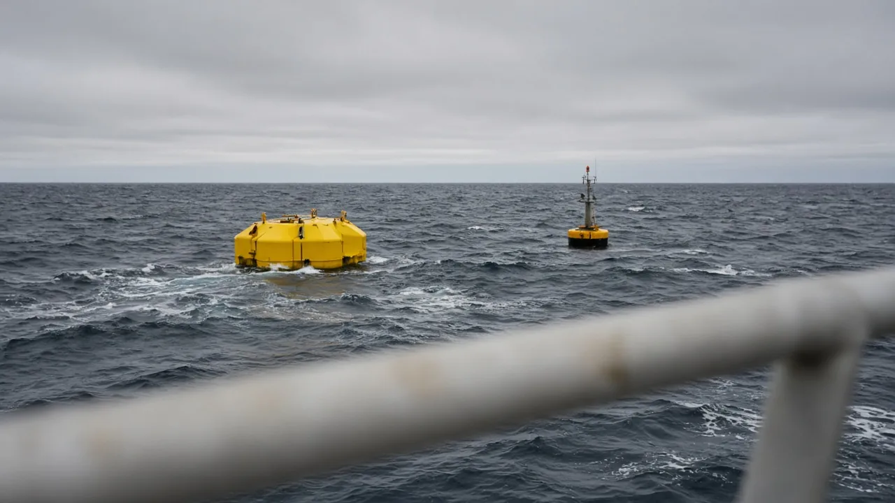 Illustration: a yellow wave-energy device and a smaller buoy in open water, seen from a deck. Not a named project or a measured test.