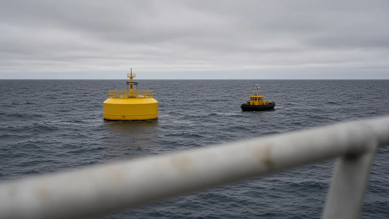 Illustration of a workboat standing off a yellow surface device in open water