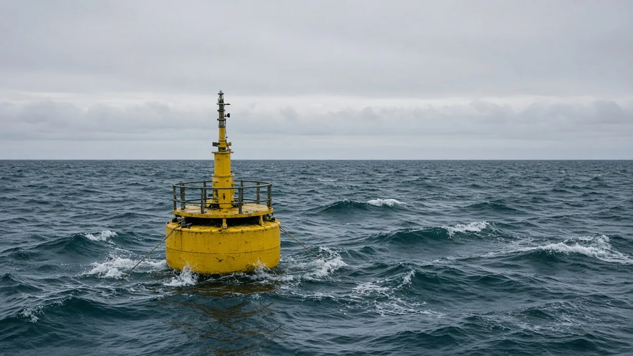 Illustration of a generic yellow surface device moored in open ocean swell